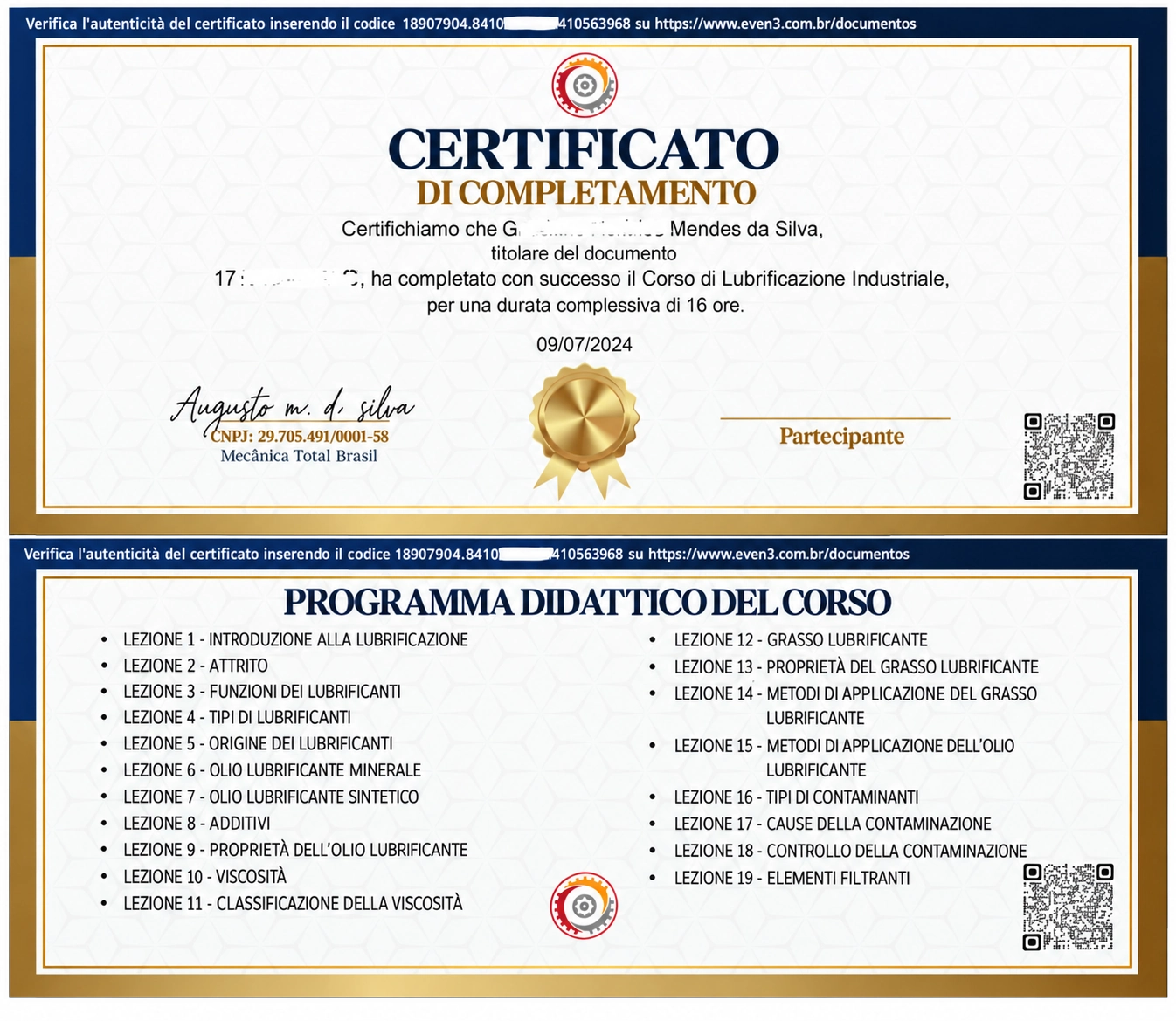 Attestato di completamento con codice QR e verifica